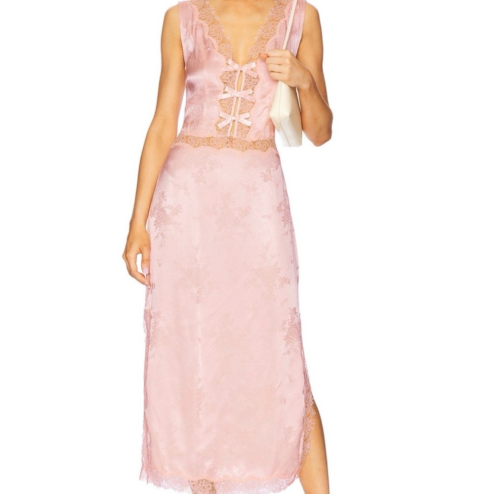 LPA Pink Satin Lace-Trim Midi Slip Dress